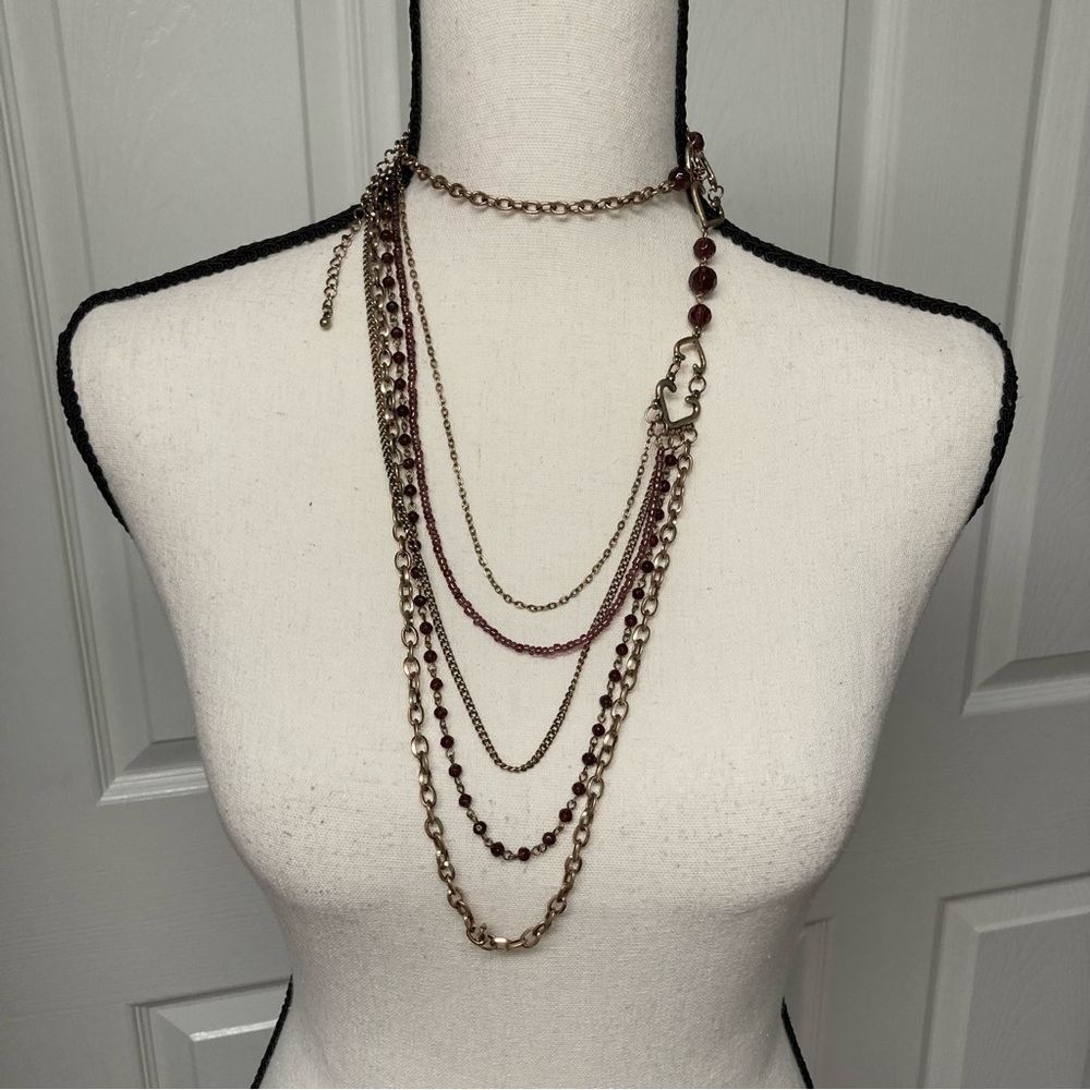 Vintage long multi strand necklace: Mixed metals - chains, and beads.